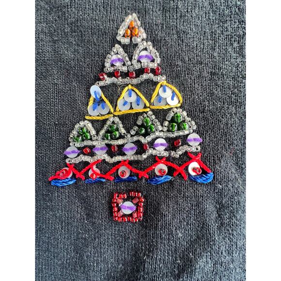 Vintage Christmas Cardigan sweater, embroidered sequins, beaded trees S - Picture 2 of 6